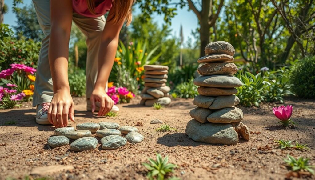 A detailed step-by-step outdoor scene showcasing the process of creating a stone garden decoration. In the foreground, a person wearing casual, modest clothing is carefully arranging medium-sized, textured stones into a decorative pattern on the ground. Surrounding them, colorful assorted plants and flowers add a vibrant touch. In the middle ground, a small stone pedestal, partially completed, shows layers of different stones stacked artistically. The background features a lush green garden with a clear blue sky, sunlight filtering through the leaves, creating a warm and inviting atmosphere. Soft shadows enhance the texture of the stones, ideally captured from a slightly elevated angle to show depth and detail in the design process. The overall mood is creative and inspiring, encouraging viewers to explore their own garden decoration ideas. A detailed step-by-step outdoor scene showcasing the process of creating a stone garden decoration. In the foreground, a person wearing casual, modest clothing is carefully arranging medium-sized, textured stones into a decorative pattern on the ground. Surrounding them, colorful assorted plants and flowers add a vibrant touch. In the middle ground, a small stone pedestal, partially completed, shows layers of different stones stacked artistically. The background features a lush green garden with a clear blue sky, sunlight filtering through the leaves, creating a warm and inviting atmosphere. Soft shadows enhance the texture of the stones, ideally captured from a slightly elevated angle to show depth and detail in the design process. The overall mood is creative and inspiring, encouraging viewers to explore their own garden decoration ideas.