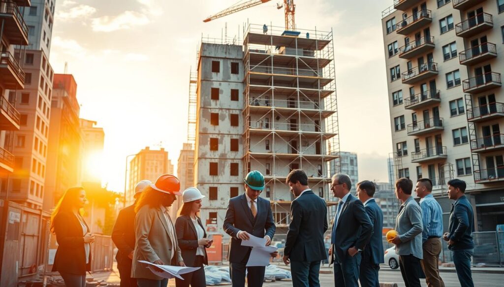 A detailed urban construction scene illustrating the concepts of renovation, reconstruction, and building violations, set during the golden hour for warm, inviting lighting. In the foreground, a diverse group of professionals in business attire, including architects and engineers, are discussing plans over blueprints, with measuring tools and hard hats around them. The middle ground features a partially renovated building with scaffolding and construction materials. In the background, a juxtaposition of an older, derelict structure shows signs of neglect beside newer buildings, symbolizing the spectrum of building work and regulation. The atmosphere is focused and proactive, highlighting the seriousness of construction oversight while maintaining a sense of collaboration and progress.