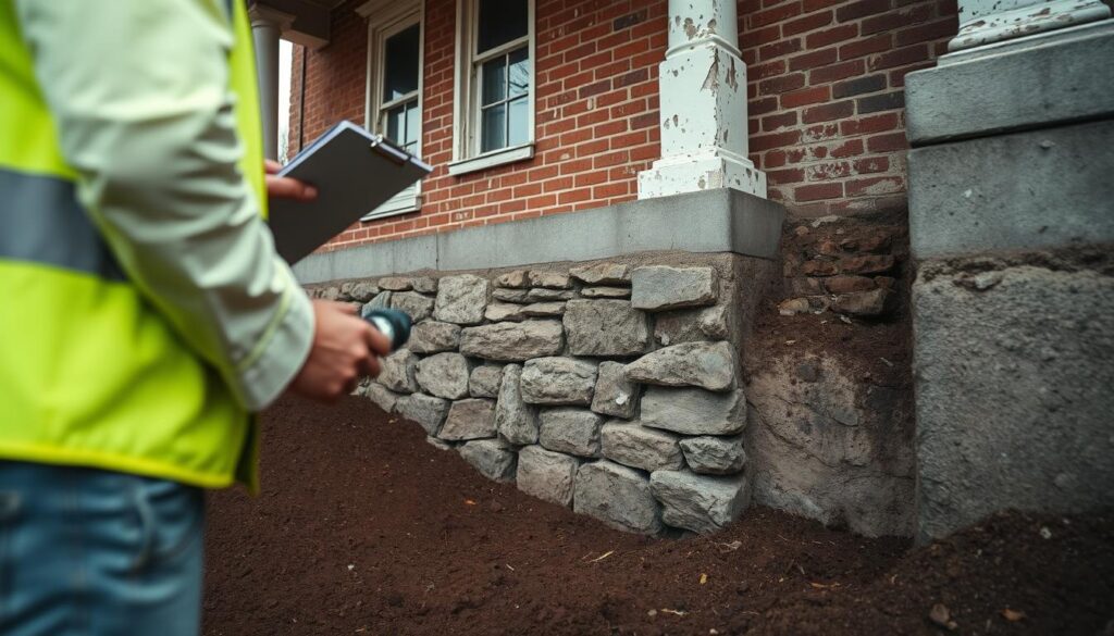 A detailed view of a foundation inspection in an early 20th-century house, showcasing a structural engineer in professional work attire examining stone and concrete foundations. In the foreground, the engineer is using a clipboard and a flashlight to assess the condition of the foundation walls, highlighting areas of concern, such as cracks or discoloration. The middle ground features the foundation covered partially with soil, revealing a mix of original stonework and more modern concrete repairs. The background displays the house's exterior, with peeling paint and weathered brick, set against a cloudy, overcast sky to create a serious, analytical atmosphere. Soft, diffused lighting accentuates textures and details, captured with a slightly tilted angle to emphasize depth and perspective.