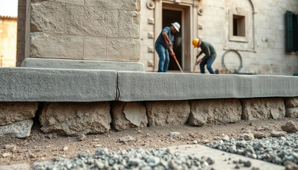 A detailed view of a reinforced stone foundation, featuring a newly widened concrete belt around its base. In the foreground, the textured surface of the concrete contrasts with the aged stone, showcasing the craftsmanship of the reinforcement. In the middle ground, workers in professional attire carefully install the concrete, using tools that accentuate the construction process. The background includes an aged building, slightly weathered, standing resilient against time. Soft, natural lighting bathes the scene, highlighting the materials' textures and the workers' focused expressions. The atmosphere conveys diligence and restoration, with a sense of harmony between old and new architecture. The angle is slightly elevated, providing a comprehensive view of the foundation and the ongoing restoration work.