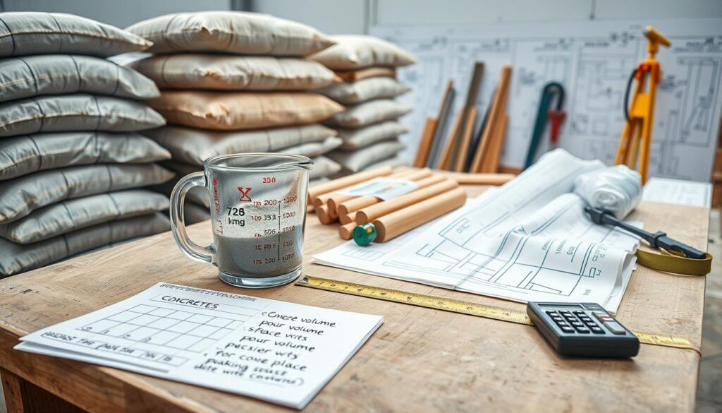 A detailed workbench setup in a bright and well-lit construction space, showcasing an array of 25 kg concrete bags stacked neatly. In the foreground, a clear measuring container filled with concrete, illustrating precise volume calculation. Beside it, a calculator and a notepad filled with technical notes about concrete pour volume and packaging conversion. In the middle, a ruler and tape measure laid out to emphasize measurements and calculations. The background features construction blueprints and tools, creating an organized, industrious atmosphere. The lighting is bright and focused, enhancing the textures of the concrete and materials. The angle is slightly overhead, capturing the entire scene in a professional, informative context. The mood is practical and instructional, suitable for an educational article.
