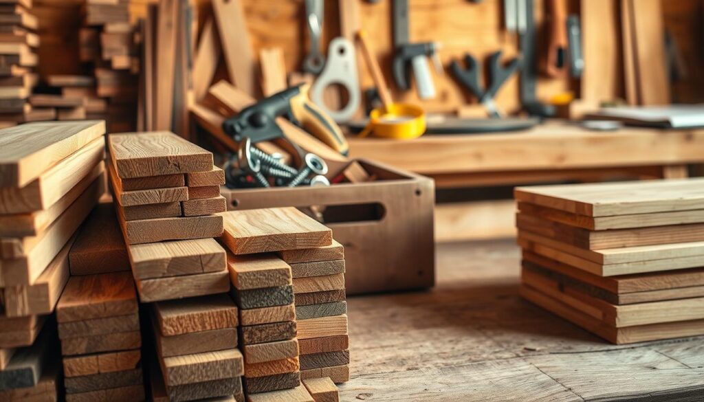 A detailed workspace featuring a variety of natural woods and lumber planks specifically selected for building outdoor furniture. In the foreground, showcase neatly arranged stacks of smooth, untreated wooden planks, their textures prominently displayed. In the middle ground, include essential connectors like wood screws and metal brackets, all organized within a rustic toolbox. Behind, place a wooden workbench with tools such as a saw and measuring tape laid out for a DIY project. The lighting should be warm and inviting, casting soft shadows to enhance the textures of the wood. Use a depth of field effect to focus on the foreground while keeping the background slightly blurred, creating a cozy and industrious atmosphere suggestive of creativity and craftsmanship.