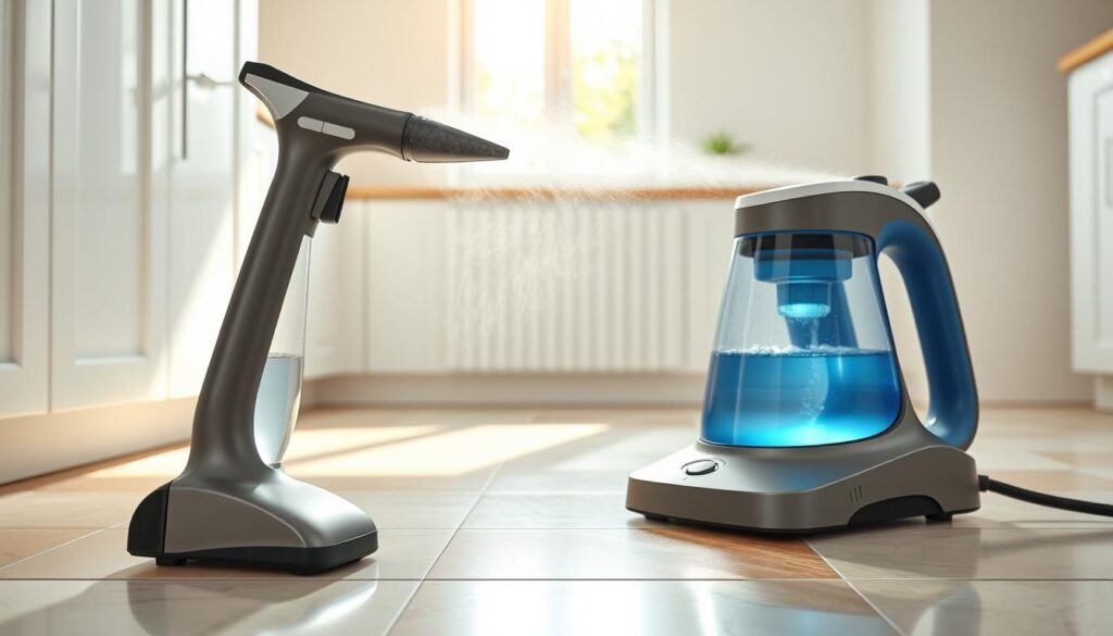 A high-quality steam cleaner, known as "Parownica do czyszczenia płytek," prominently placed in the foreground. The steam cleaner is sleek and modern, with a visible tank filled with water, releasing a fine vapor of steam. In the middle ground, pristine ceramic tiles gleam in natural light, showcasing their vibrant colors and textures, contrasting against a subtle white background. The environment is a bright, clean kitchen with sunlight streaming through a window, creating a warm and inviting atmosphere. The overall mood is one of efficiency and cleanliness, highlighting the effectiveness of the steam cleaner in removing residue and stains from tiles and grout post-renovation. The angle captures the steam cleaner in action, emphasizing its practical use in maintaining impeccable tile surfaces. A high-quality steam cleaner, known as "Parownica do czyszczenia płytek," prominently placed in the foreground. The steam cleaner is sleek and modern, with a visible tank filled with water, releasing a fine vapor of steam. In the middle ground, pristine ceramic tiles gleam in natural light, showcasing their vibrant colors and textures, contrasting against a subtle white background. The environment is a bright, clean kitchen with sunlight streaming through a window, creating a warm and inviting atmosphere. The overall mood is one of efficiency and cleanliness, highlighting the effectiveness of the steam cleaner in removing residue and stains from tiles and grout post-renovation. The angle captures the steam cleaner in action, emphasizing its practical use in maintaining impeccable tile surfaces.