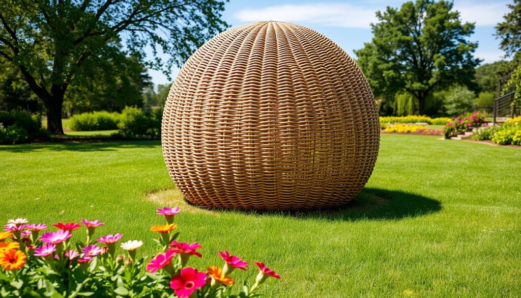 A large, intricately woven wicker garden sphere sits prominently in a lush green lawn, showcasing its natural texture and craftsmanship. The foreground features vibrant flowers and plants surrounding the base of the sphere, adding color and life to the scene. In the middle ground, the wicker ball appears illuminated by soft, warm sunlight, enhancing its organic beauty and creating gentle shadows. The background includes a serene garden landscape with leafy trees and a clear blue sky, evoking a tranquil atmosphere. The focus is sharp on the sphere, while the surroundings slightly blur to emphasize its role as a natural garden decoration, inviting viewers to appreciate the craftsmanship and design of the wicker structure.
