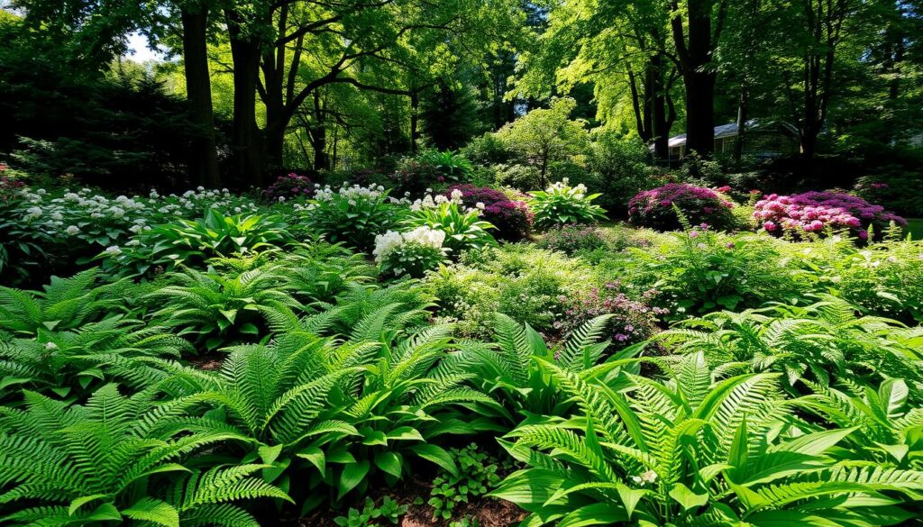 A lush garden scene featuring a diverse assortment of ground-covering and shade-loving plants thriving in a partially shaded corner. In the foreground, vibrant green ferns and low-growing hostas spread elegantly across the earth, interspersed with delicate white flowers adding a touch of brightness. The middle ground reveals a variety of shade-tolerant shrubs, like rhododendrons and azaleas, creating a rich tapestry of greens and soft pastels. The background is composed of tall, leafy trees casting dappled light over the entire setting, enhancing the tranquil and serene atmosphere. Soft sunlight filters through the foliage, illuminating the plants while creating gentle shadows. The perspective is slightly elevated, capturing the beauty and harmony of this low-maintenance garden corner, ideal for busy gardeners seeking style without extensive upkeep.