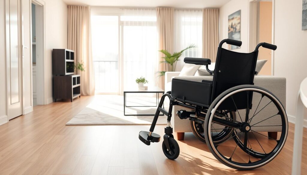 A modern, accessible living room designed for individuals with disabilities. In the foreground, a stylish wheelchair rests beside a comfortable sofa, accommodating easy movement. The middle ground features a spacious layout with wide doorways and a low coffee table. Subtle assistive technology, such as grab bars, is discreetly integrated into the design. The background showcases a bright window with sheer curtains allowing natural light to fill the room, enhancing the warm atmosphere. Soft pastel colors dominate the interior, creating a welcoming environment. A gentle beam of sunlight shines through, casting soft shadows across the floor. The scene conveys a sense of comfort, accessibility, and modern design for rehabilitation purposes.