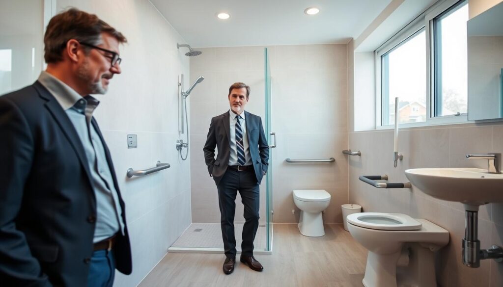 A modern bathroom designed for accessibility, featuring grab bars, a walk-in shower with a shower seat, and a raised toilet. In the foreground, a professional-looking adult in smart casual attire inspects the space, showing a focused yet positive demeanor. In the middle ground, various bathroom aids such as a handheld shower head and adjustable mirror complement the design. The background displays a bright, airy space with large windows allowing natural light to fill the room, highlighting the soft colors of the tiles and walls. The atmosphere is calm and welcoming, emphasizing comfort and practicality in a rehabilitation-friendly environment. The angle captures the entire room, showcasing its layout and features effectively. A modern bathroom designed for accessibility, featuring grab bars, a walk-in shower with a shower seat, and a raised toilet. In the foreground, a professional-looking adult in smart casual attire inspects the space, showing a focused yet positive demeanor. In the middle ground, various bathroom aids such as a handheld shower head and adjustable mirror complement the design. The background displays a bright, airy space with large windows allowing natural light to fill the room, highlighting the soft colors of the tiles and walls. The atmosphere is calm and welcoming, emphasizing comfort and practicality in a rehabilitation-friendly environment. The angle captures the entire room, showcasing its layout and features effectively.