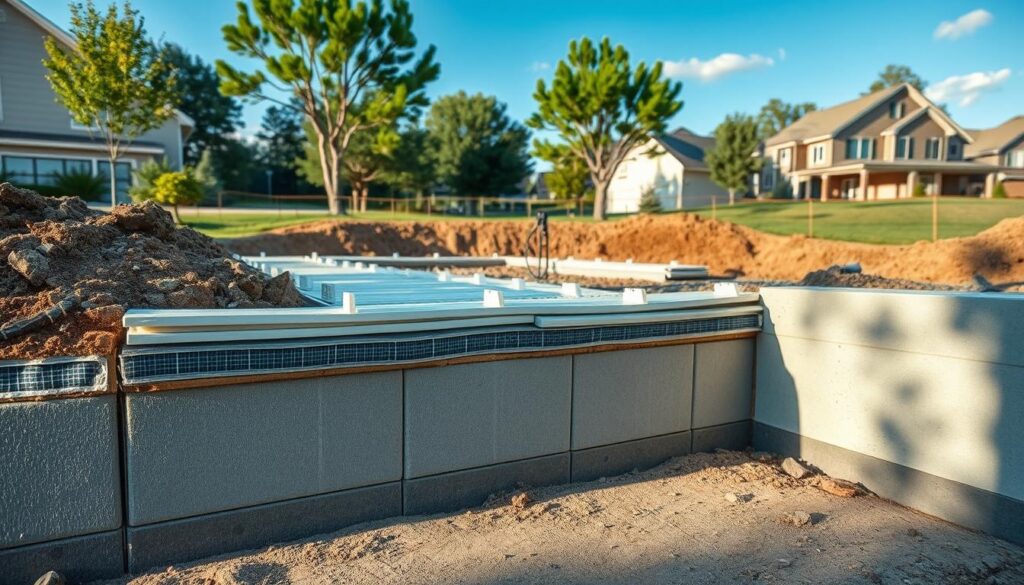 A modern construction scene focusing on the protection of foundation insulation against moisture. In the foreground, a detailed view of a foundation wall with insulation boards being installed, showcasing layers of waterproof membranes and drainage systems. The middle ground features a partially excavated area around the foundation, conveying an ongoing construction process. The background includes a serene residential setting with trees and a clear sky, emphasizing a sense of safety and stability. Soft, natural lighting casts gentle shadows, adding depth. The angle is slightly elevated to capture the entire setup effectively, creating a professional atmosphere suitable for an informative article. The image should not contain any text or branding elements.