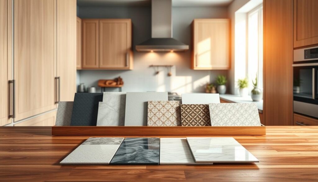 A modern kitchen scene featuring a stylish arrangement of materials placed between sleek cabinetry. In the foreground, a wooden countertop with a variety of samples, showcasing alternatives to traditional tiles, such as textured panels, glass, and ceramic options. The middle layer displays organized cabinetry with soft-close doors, emphasizing functionality and design harmony. The background reveals a well-lit kitchen space with natural light streaming in through a window, casting soft shadows on the surfaces. The atmosphere is inviting, focusing on practicality and contemporary aesthetics, ideal for a functional kitchen. Use warm lighting to enhance the materials' textures and colors, creating a cohesive and modern look. The shot should be captured from a slightly elevated angle to provide a comprehensive view of the setup. A modern kitchen scene featuring a stylish arrangement of materials placed between sleek cabinetry. In the foreground, a wooden countertop with a variety of samples, showcasing alternatives to traditional tiles, such as textured panels, glass, and ceramic options. The middle layer displays organized cabinetry with soft-close doors, emphasizing functionality and design harmony. The background reveals a well-lit kitchen space with natural light streaming in through a window, casting soft shadows on the surfaces. The atmosphere is inviting, focusing on practicality and contemporary aesthetics, ideal for a functional kitchen. Use warm lighting to enhance the materials' textures and colors, creating a cohesive and modern look. The shot should be captured from a slightly elevated angle to provide a comprehensive view of the setup.
