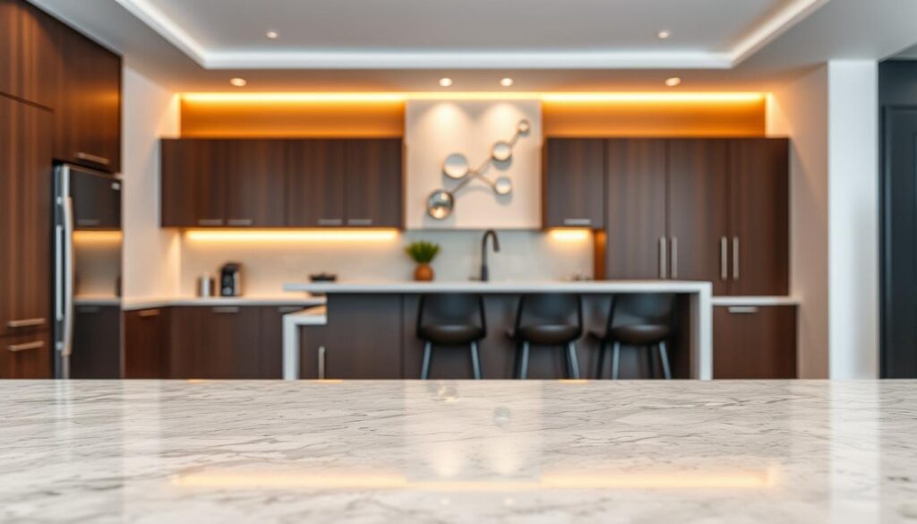 A modern kitchen setting showcasing a striking contrast between light and dark surfaces, focusing on a rich brown cabinetry backdrop. In the foreground, a polished light granite countertop glistens under soft, diffused lighting, highlighting its texture. The middle layer features a stylish dark wooden island with elegant bar stools, inviting a sense of sophistication. The background includes minimalistic wall decor and warm ambient lighting that enhances the contemporary feel. The angle emphasizes depth, capturing the harmonious blend of the light and dark elements. The overall atmosphere should evoke a sense of modern elegance, ideal for a chic culinary space. Make sure the image has no text or any overlays. A modern kitchen setting showcasing a striking contrast between light and dark surfaces, focusing on a rich brown cabinetry backdrop. In the foreground, a polished light granite countertop glistens under soft, diffused lighting, highlighting its texture. The middle layer features a stylish dark wooden island with elegant bar stools, inviting a sense of sophistication. The background includes minimalistic wall decor and warm ambient lighting that enhances the contemporary feel. The angle emphasizes depth, capturing the harmonious blend of the light and dark elements. The overall atmosphere should evoke a sense of modern elegance, ideal for a chic culinary space. Make sure the image has no text or any overlays.