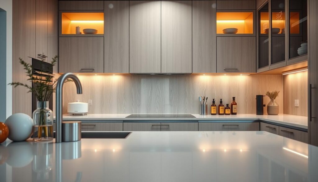 A modern kitchen showcasing laminated panels seamlessly placed between sleek cabinets. The foreground features a stylish countertop with minimalistic kitchen accessories, reflecting a contemporary lifestyle. In the middle, the laminated panels stand out, exhibiting a wood-like texture with a glossy finish, creating a seamless and clean appearance. The background displays elegant cabinetry in soft neutral tones, complemented by warm under-cabinet lighting that adds a cozy ambiance. The image is captured from a slightly elevated angle, emphasizing the panels' smooth surfaces without grouts or seams. Overall, the mood is modern and inviting, highlighting the practicality and aesthetics of using laminated panels as an alternative to traditional tiles. A modern kitchen showcasing laminated panels seamlessly placed between sleek cabinets. The foreground features a stylish countertop with minimalistic kitchen accessories, reflecting a contemporary lifestyle. In the middle, the laminated panels stand out, exhibiting a wood-like texture with a glossy finish, creating a seamless and clean appearance. The background displays elegant cabinetry in soft neutral tones, complemented by warm under-cabinet lighting that adds a cozy ambiance. The image is captured from a slightly elevated angle, emphasizing the panels' smooth surfaces without grouts or seams. Overall, the mood is modern and inviting, highlighting the practicality and aesthetics of using laminated panels as an alternative to traditional tiles.