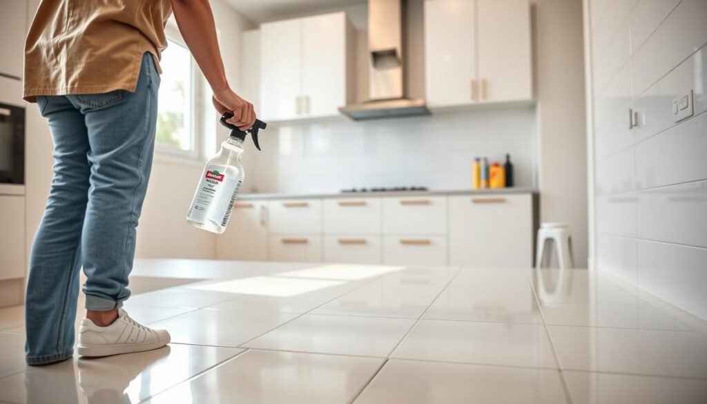 A modern kitchen with freshly renovated ceramic tiles that glisten under soft, natural sunlight filtering through a window on the left. In the foreground, a person in casual, modest attire demonstrates effective cleaning techniques, holding a spray bottle and a cloth, focusing meticulously on the tiles. The middle ground showcases shiny white tiles with minimal stubborn grime and fogged grout, highlighting the struggle against unsightly residues. The background hints at a clean, organized workspace with cleaning supplies neatly arranged, promoting a sense of cleanliness and order. The overall atmosphere is one of fresh beginnings and diligent effort, evoking clarity and a sense of accomplishment in tile maintenance. A modern kitchen with freshly renovated ceramic tiles that glisten under soft, natural sunlight filtering through a window on the left. In the foreground, a person in casual, modest attire demonstrates effective cleaning techniques, holding a spray bottle and a cloth, focusing meticulously on the tiles. The middle ground showcases shiny white tiles with minimal stubborn grime and fogged grout, highlighting the struggle against unsightly residues. The background hints at a clean, organized workspace with cleaning supplies neatly arranged, promoting a sense of cleanliness and order. The overall atmosphere is one of fresh beginnings and diligent effort, evoking clarity and a sense of accomplishment in tile maintenance.