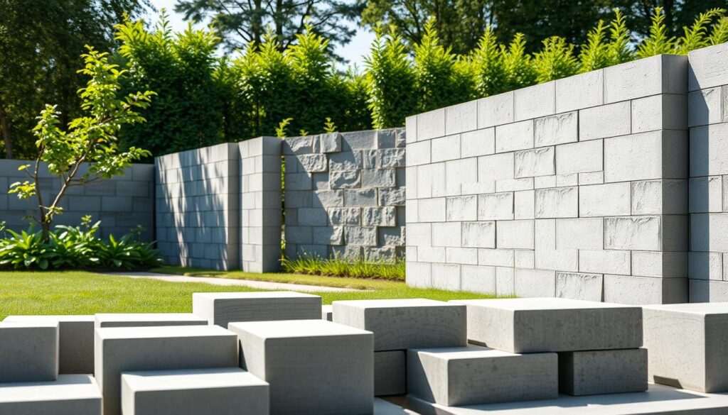 A modern minimalist setting showcasing an architectural concrete fence made of precisely arranged blocks. In the foreground, depict a selection of various concrete blocks of different sizes and textures, exuding a sleek and sophisticated look. The middle ground features a semi-finished fence, highlighting the craftsmanship involved in stacking the blocks. In the background, a well-manicured garden enhances the contemporary aesthetic, with lush greenery contrasting against the stark concrete. The scene should be illuminated by soft, natural lighting, creating gentle shadows that emphasize the texture of the materials. Consider a low angle shot to convey height and strength, with a calm and serene atmosphere reflective of modern design principles. Avoid any people or distractions to keep the focus on the materials and the fence itself.