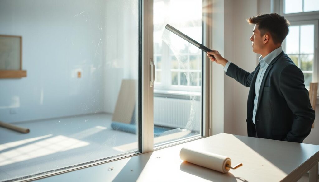 A pristine window after a renovation, showcasing streak-free glass illuminated by soft natural light. The foreground features a person in smart casual attire, skillfully using a squeegee to wipe the glass, capturing the essence of thorough cleaning. Visible remnants of construction, like a few scattered dust particles and a roller on the table, are in the middle ground, emphasizing the post-renovation setting. The background reveals partially painted walls and an open window, allowing bright daylight to flood the room. The mood is fresh and revitalizing, symbolizing cleanliness and new beginnings, with a focus on the sparkling glass reflecting the surroundings.