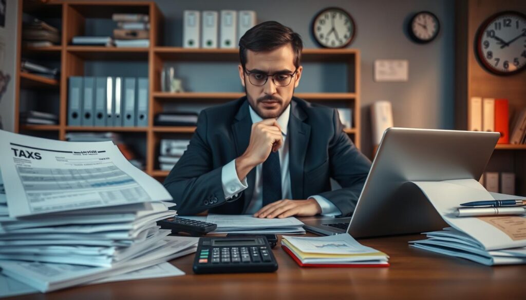 A professional accountant sits at a desk cluttered with tax forms, calculators, and financial documents, depicting the consequences of tax evasion for uncontracted renovation services. The foreground features a stack of invoices and receipts alongside an open laptop displaying financial graphs. In the middle, a thoughtful expression on the accountant's face reflects the gravity of the situation, dressed in smart business attire. The background shows a blurred office environment with shelves of labeled files and a wall clock indicating late evening hours, emphasizing urgency. A warm, soft light casts gentle shadows, creating a serious yet focused atmosphere, highlighting the importance of tax compliance in the renovation industry. A professional accountant sits at a desk cluttered with tax forms, calculators, and financial documents, depicting the consequences of tax evasion for uncontracted renovation services. The foreground features a stack of invoices and receipts alongside an open laptop displaying financial graphs. In the middle, a thoughtful expression on the accountant's face reflects the gravity of the situation, dressed in smart business attire. The background shows a blurred office environment with shelves of labeled files and a wall clock indicating late evening hours, emphasizing urgency. A warm, soft light casts gentle shadows, creating a serious yet focused atmosphere, highlighting the importance of tax compliance in the renovation industry.