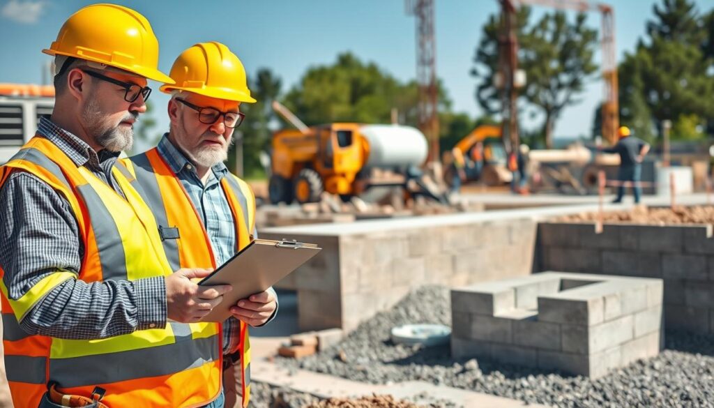 A professional construction site featuring different classes of concrete mix applications. In the foreground, a knowledgeable civil engineer in a hard hat and safety vest examines a concrete mix sample, accompanied by a clipboard and tools. In the middle ground, various concrete structures such as a sidewalk, a foundation, and a decorative wall showcase the diversity of concrete classes. The background features a bright, sunny day with construction vehicles and workers engaged in different tasks, emphasizing activity and collaboration. The scene is well-lit, with soft shadows for depth, captured with a wide-angle lens to create a sense of immersion and focus on the concrete applications. The mood is industrious and informative, highlighting the importance of concrete in construction.