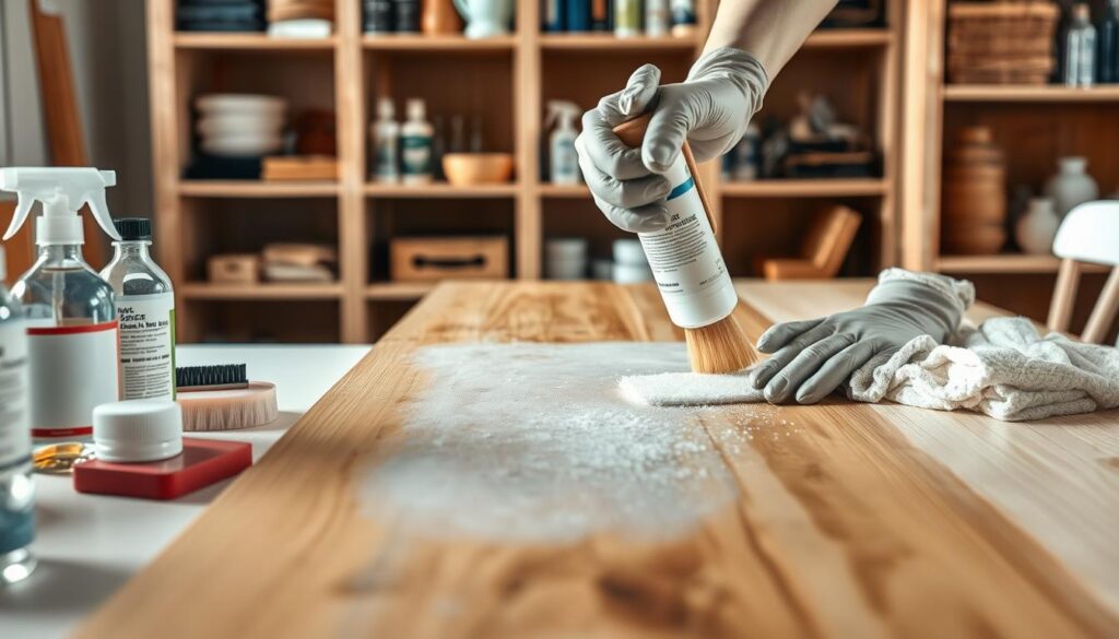 A professional-grade furniture cleaning scene focused on the process of degreasing. In the foreground, a well-organized workspace features bottles of specialized degreasing agents, brushes, and cleaning cloths. A pair of hands in gloves meticulously applies the degreaser to a wooden table surface, demonstrating the careful attention to detail required for preparation before painting. In the middle ground, a sparkling clean section of the table contrasts with areas still needing treatment, showcasing the effectiveness of the cleaning process. Soft, natural lighting highlights the texture of the wood and the clarity of the cleaning products. The background features shelves with various furniture care products, creating a sense of a clean and professional environment. The mood conveys diligence and professionalism, emphasizing the importance of thorough preparation in furniture care.