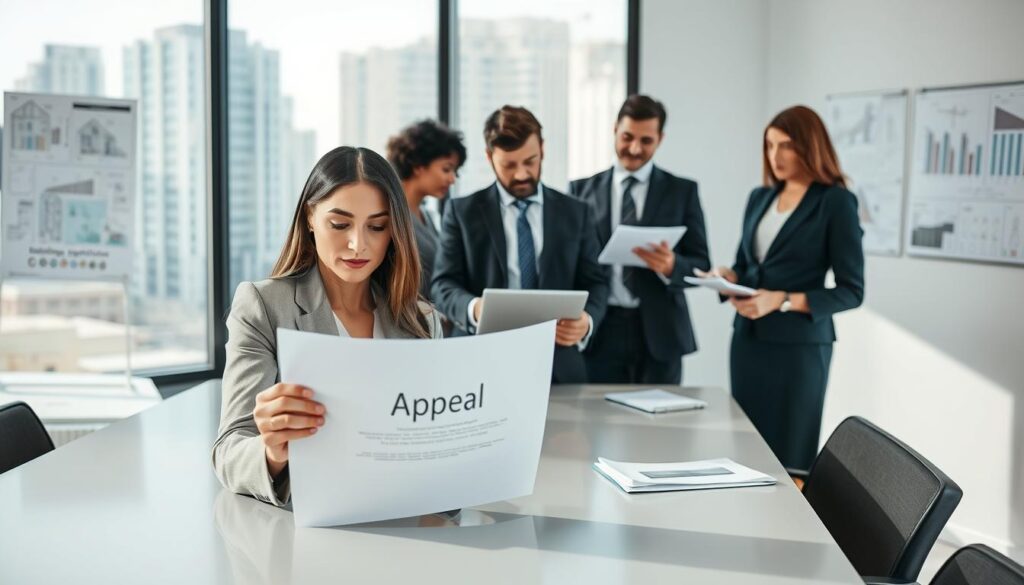 A professional office setting featuring a diverse group of individuals in business attire discussing a building supervision appeal. In the foreground, a focused woman is reviewing a document labeled “Appeal” at a sleek conference table, her expression reflecting determination. In the middle, a man gestures towards a laptop displaying building regulations, while another person takes notes. The background shows a large window with a view of urban buildings, casting natural light into the room. The atmosphere is serious yet collaborative, with elements indicating a legal or administrative environment, such as charts and architectural blueprints on the walls. The lighting is bright and clear, emphasizing professionalism.