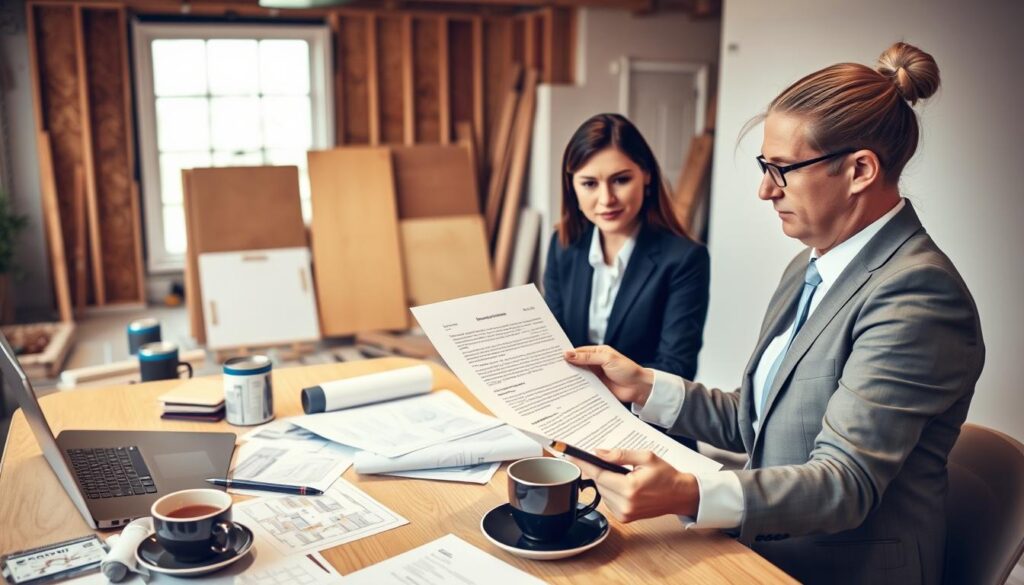 A professional setting depicting a client consulting with a contractor about renovation rights and agreements. In the foreground, the client, a middle-aged person in smart casual attire, is reviewing a document with the contractor, a young woman in professional business attire, who points to key clauses. The middle ground features a table cluttered with renovation plans, a laptop, and a coffee cup. The background shows a partially renovated room with construction tools and materials, like paint cans and wooden planks. The lighting is warm and inviting, suggesting a serious yet approachable atmosphere. The scene is viewed from a slightly elevated angle, emphasizing the exchange of information and clarity in communication. A professional setting depicting a client consulting with a contractor about renovation rights and agreements. In the foreground, the client, a middle-aged person in smart casual attire, is reviewing a document with the contractor, a young woman in professional business attire, who points to key clauses. The middle ground features a table cluttered with renovation plans, a laptop, and a coffee cup. The background shows a partially renovated room with construction tools and materials, like paint cans and wooden planks. The lighting is warm and inviting, suggesting a serious yet approachable atmosphere. The scene is viewed from a slightly elevated angle, emphasizing the exchange of information and clarity in communication.