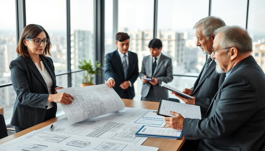 A professional setting depicting a meeting about renovations in a residential building. In the foreground, a diverse group of three individuals dressed in professional business attire, including a middle-aged woman with glasses holding blueprints, a young man pointing at plans on a table, and an older man with a notepad taking notes. In the middle, a large table covered with architectural plans and documents. The background features a modern office space with a large window showing a view of a cityscape. Soft, natural lighting fills the room, creating a bright and focused atmosphere. Capture the seriousness of the discussion about shared spaces and building regulations, emphasizing collaboration and professionalism.