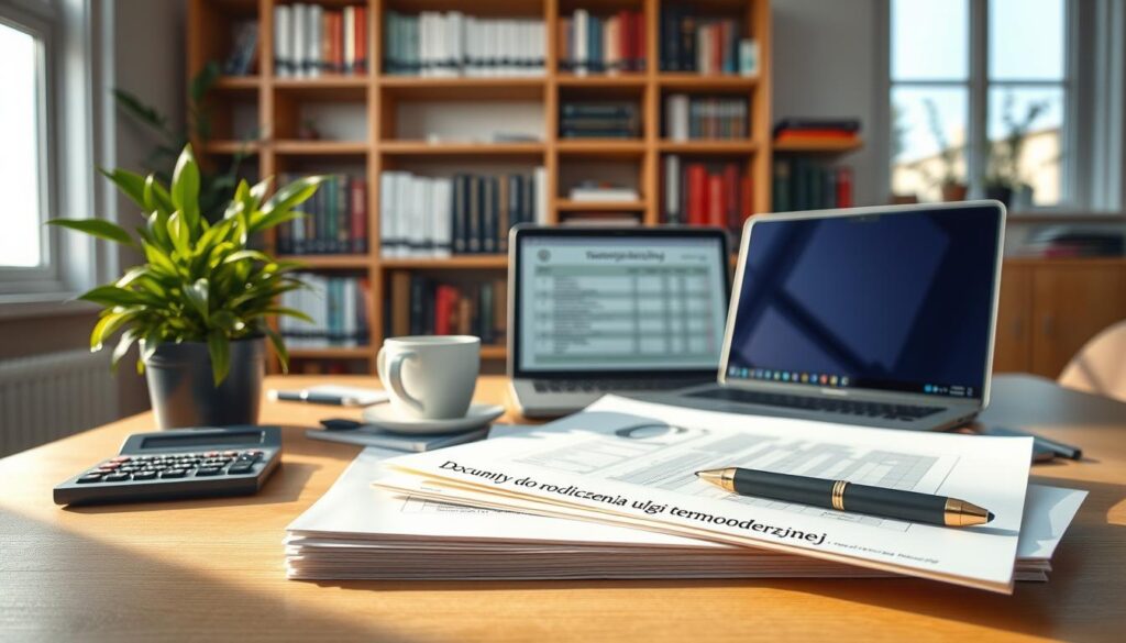 A professional workspace featuring a neatly organized desk, illuminated by soft natural sunlight streaming through a window. In the foreground, a stack of documents titled “Dokumenty do rozliczenia ulgi termomodernizacyjnej” is prominently displayed alongside a calculator, a green plant, and a cup of coffee, symbolizing financial planning. The middle of the image showcases a laptop open to a spreadsheet, with a pen resting nearby, indicating a focus on meticulous record-keeping. In the background, a bookshelf filled with finance and home improvement books adds depth and context. The mood is efficient and inviting, evoking a sense of preparation and professionalism. The angle is slightly above eye level, capturing the entire scene harmoniously.