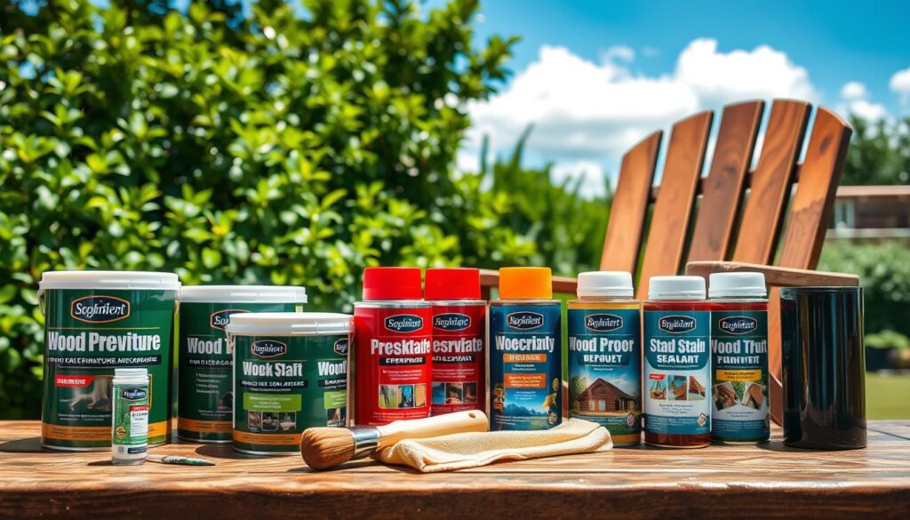 A selection of high-quality garden furniture wood treatment products displayed elegantly on a rustic wooden table. The foreground features various cans and bottles of wood preservative, stain, and sealant in vibrant colors, reflecting sunlight. In the middle, a soft brush and a painter’s cloth hint at a DIY project, while a nearby garden chair showcases a beautifully finished wooden surface. The background includes lush greenery, suggesting an inviting garden setting under bright blue skies, with a few clouds adding depth to the scene. The composition is well-lit, capturing the glossy finishes of the products. The mood is serene and encouraging, perfect for a home improvement project. A selection of high-quality garden furniture wood treatment products displayed elegantly on a rustic wooden table. The foreground features various cans and bottles of wood preservative, stain, and sealant in vibrant colors, reflecting sunlight. In the middle, a soft brush and a painter’s cloth hint at a DIY project, while a nearby garden chair showcases a beautifully finished wooden surface. The background includes lush greenery, suggesting an inviting garden setting under bright blue skies, with a few clouds adding depth to the scene. The composition is well-lit, capturing the glossy finishes of the products. The mood is serene and encouraging, perfect for a home improvement project.