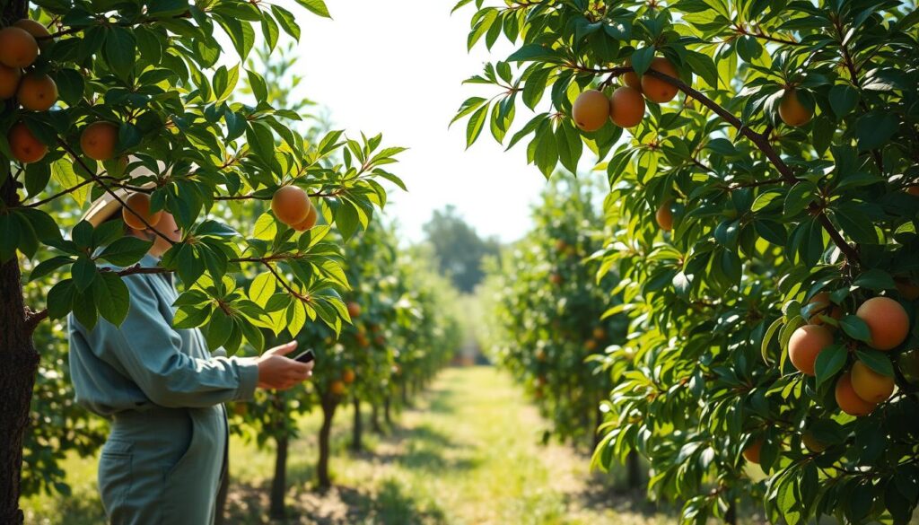 A serene garden scene depicting a gardener in modest casual clothing tending to fruit trees. The foreground features a lively, lush fruit tree with vibrant leaves and ripe fruits, while the gardener carefully inspects the branches for any signs of disease. In the middle ground, a variety of other healthy fruit trees add depth, showcasing different types of fruit. The background reveals a sunny day with soft, dappled sunlight filtering through the leaves, casting gentle shadows on the ground. The atmosphere is calm and nurturing, emphasizing the importance of care and observation in fruit tree maintenance. The image captures a harmonious blend of nature and human effort, without any text or distractions.