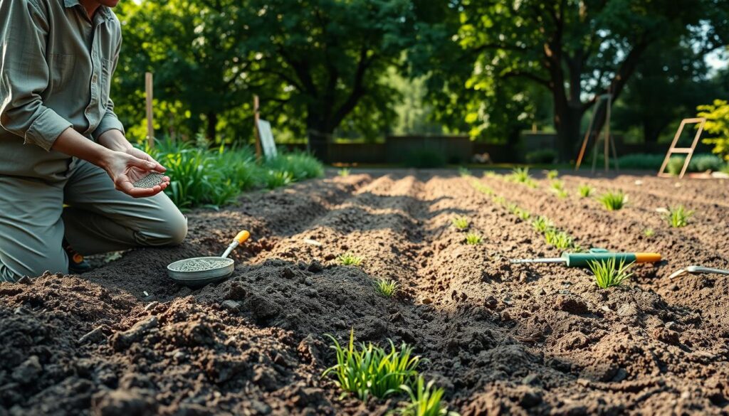 A serene garden scene depicting the preparation of soil and sowing grass seeds. In the foreground, a gardener, dressed in modest casual clothing, is kneeling on rich, dark soil, holding a handful of grass seeds, with a small, handheld spreader nearby. The middle ground shows freshly tilled earth, with neat rows demarcated for planting, and a rich assortment of gardening tools scattered around. In the background, lush green trees create a soft, natural canopy, allowing gentle sunlight to filter through, casting dappled shadows on the ground. The atmosphere is peaceful and methodical, evoking a sense of care and dedication toward a thriving garden. The overall composition emphasizes a bright and inviting ambiance. A serene garden scene depicting the preparation of soil and sowing grass seeds. In the foreground, a gardener, dressed in modest casual clothing, is kneeling on rich, dark soil, holding a handful of grass seeds, with a small, handheld spreader nearby. The middle ground shows freshly tilled earth, with neat rows demarcated for planting, and a rich assortment of gardening tools scattered around. In the background, lush green trees create a soft, natural canopy, allowing gentle sunlight to filter through, casting dappled shadows on the ground. The atmosphere is peaceful and methodical, evoking a sense of care and dedication toward a thriving garden. The overall composition emphasizes a bright and inviting ambiance.