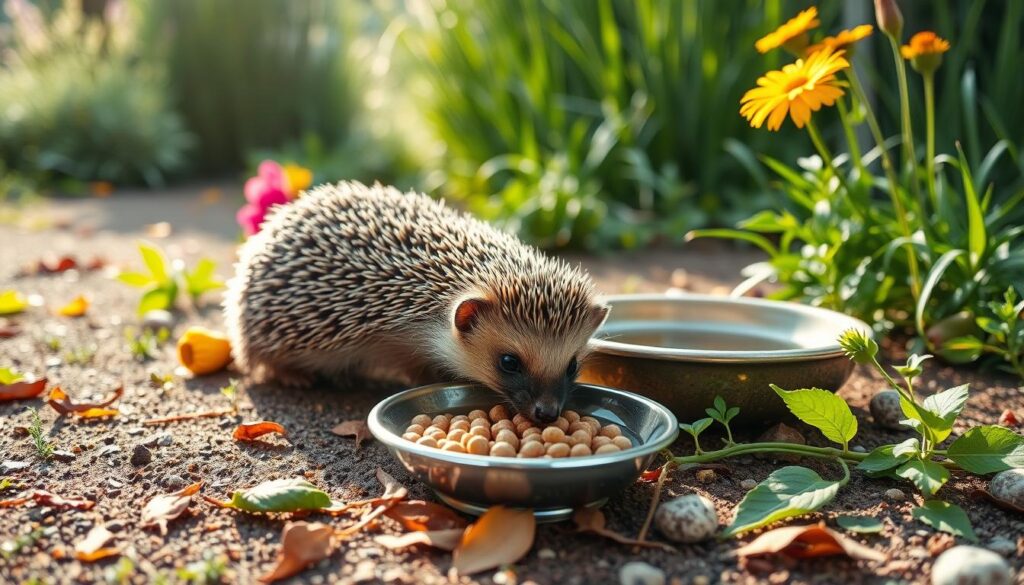 A serene garden scene featuring a hedgehog drinking water from a shallow bowl, surrounded by lush greenery and colorful flowers. In the foreground, the hedgehog is playfully nibbling on a small dish of cat food, emphasizing its role in wildlife support. In the middle, a glistening water bowl reflects the sunlight, while scattered leaves and pebbles create a natural setting. The background shows gentle sunlight filtering through tall grass and shrubs, enhancing the tranquil atmosphere. Capture this moment from a slightly elevated angle, focusing on the hedgehog, with soft and warm lighting to evoke a welcoming and caring environment for wildlife.