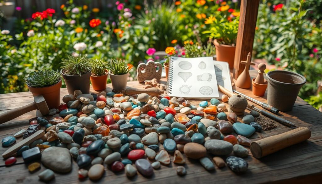 A serene garden workspace showcasing an assortment of colorful stones and natural materials for crafting garden decorations. In the foreground, a wooden table is strewn with various shapes and sizes of smooth pebbles, vibrant stone mosaics, and tools like a hammer and chisels. The middle ground features potted plants and an open sketchbook displaying design ideas for stone ornaments. In the background, a lush garden filled with flowers and greenery adds depth and tranquility. The scene is bathed in soft, natural sunlight, creating gentle shadows that enhance the textures of the stones. The overall mood is creative and inviting, emphasizing a harmonious connection with nature. A serene garden workspace showcasing an assortment of colorful stones and natural materials for crafting garden decorations. In the foreground, a wooden table is strewn with various shapes and sizes of smooth pebbles, vibrant stone mosaics, and tools like a hammer and chisels. The middle ground features potted plants and an open sketchbook displaying design ideas for stone ornaments. In the background, a lush garden filled with flowers and greenery adds depth and tranquility. The scene is bathed in soft, natural sunlight, creating gentle shadows that enhance the textures of the stones. The overall mood is creative and inviting, emphasizing a harmonious connection with nature.