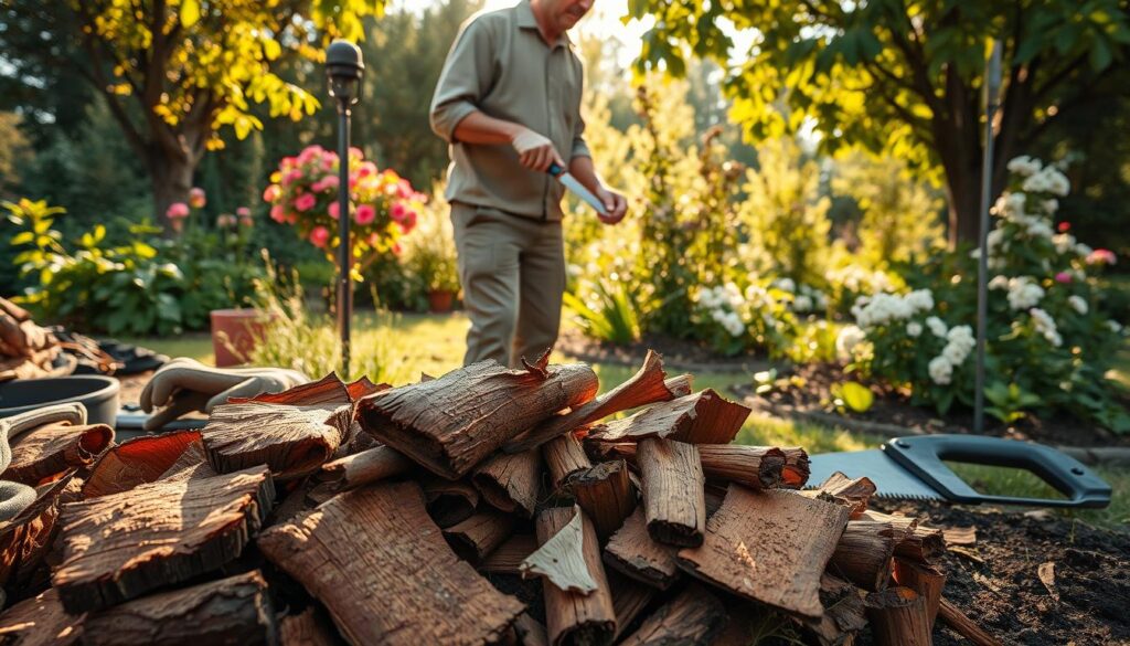 A serene outdoor scene depicting the process of preparing bark for mulching plants. In the foreground, there are several pieces of freshly collected bark, showing different textures and shades of brown, along with tools like gloves and a pruning saw. In the middle, a person dressed in modest casual clothing is carefully stripping off the outer layer of the bark using a utility knife, demonstrating the preparation process. The background features a lush garden with various flowering plants and trees, bathed in warm, soft morning sunlight. The atmosphere is calm and focused, with dappled light filtering through the leaves, creating a peaceful and productive gardening environment. The image is taken from a slightly elevated angle, emphasizing the work being done while retaining the beauty of the natural surroundings.