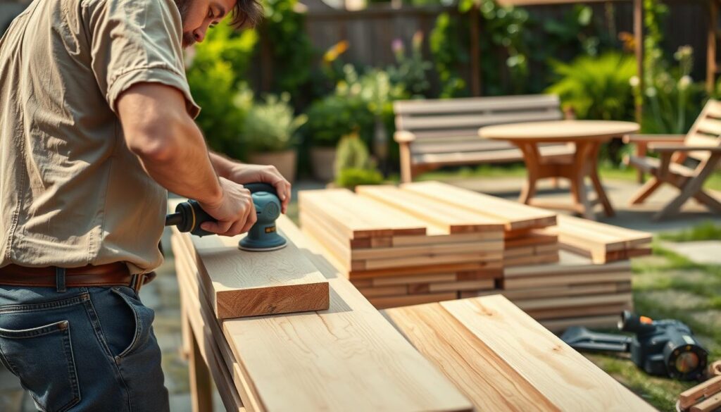 A skilled craftsman is seen in the foreground, meticulously sanding wooden boards in preparation for outdoor furniture. He wears simple, modest clothing, demonstrating a focus on the task. The middle ground showcases neatly stacked wooden planks, some partially sanded, revealing smooth, polished surfaces. Tools such as an electric sander and a measuring tape are scattered around, emphasizing the DIY aspect. In the background, a serene garden setting can be glimpsed, with lush greenery and a hint of a completed garden bench and table, radiating a warm, inviting atmosphere. The sunlight casts a soft glow on the scene, enhancing the natural colors of the wood and plants. Capture this moment with a shallow depth of field to highlight the crafting process while keeping the background slightly blurred for a professional presentation.