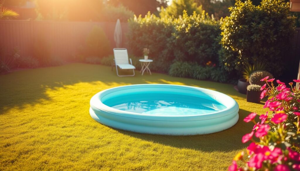 A small, inviting garden featuring a spacious, round inflatable pool, surrounded by vibrant green grass and colorful flowers. In the foreground, a neatly manicured lawn leads to the pool, which is partially filled with clear blue water, reflecting the bright sunlight. In the middle ground, a few deck chairs and a small table are placed beside the pool, offering a cozy relaxation spot. In the background, there are lush shrubs and a garden fence, adding depth and privacy. The scene is bathed in warm, golden hour lighting, creating a serene and cheerful atmosphere. Use a wide-angle lens to capture the entire garden layout from a slightly elevated angle, emphasizing the pool as the focal point of this idyllic outdoor space.