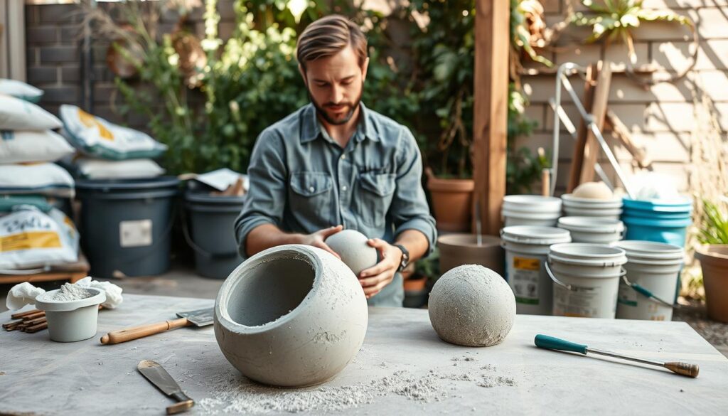 A spacious outdoor workspace with a professional individual wearing casual work attire, demonstrating the process of preparing a mold for concrete garden balls. In the foreground, a detailed mold made from smooth, durable plastic, partially filled with concrete mixture, with tools like a trowel and measuring cup nearby. In the middle, the individual is carefully shaping the mold, showcasing their focused expression. The background features an organized setup with bags of concrete, mixing buckets, and vegetation that hints at a garden atmosphere. Soft, natural light illuminates the scene, highlighting the textures of the materials. The mood is productive and creative, ideal for a DIY project.