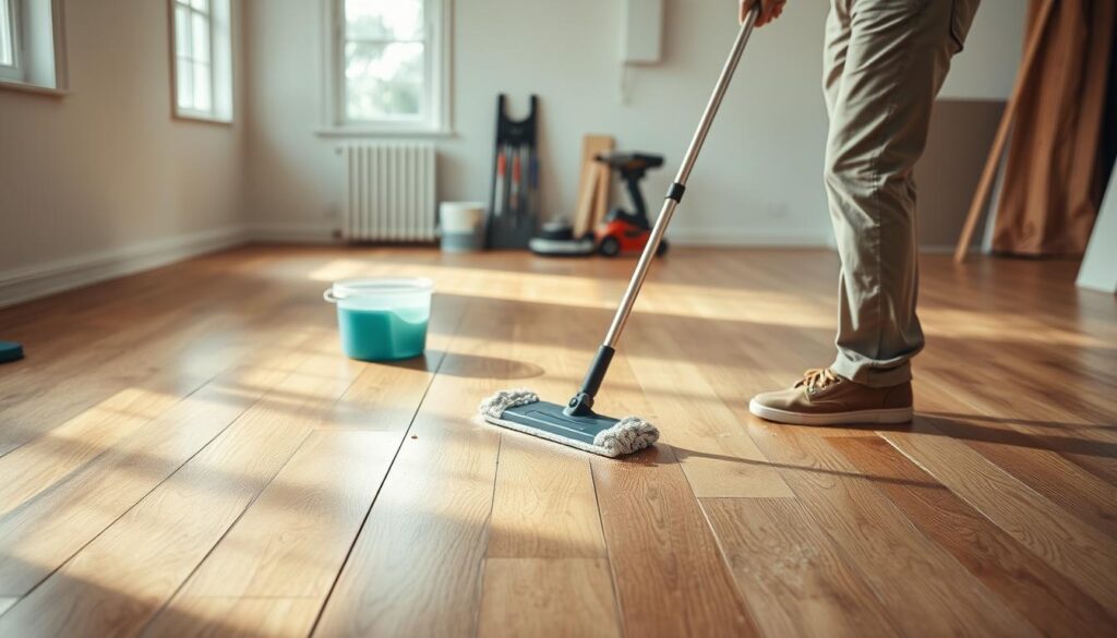 A spacious, well-lit room featuring wooden floor panels, freshly cleaned after a renovation. In the foreground, a professional cleaner in modest casual clothing is using a mop with a microfiber pad to gently wipe the panel surfaces, showcasing a technique that is safe for the flooring. There are subtle particles of construction dust illuminated by soft, natural light streaming in from a nearby window, highlighting the aftermath of the renovation. In the middle ground, a bucket filled with cleaning solution and a few cleaning tools can be seen, emphasizing the cleaning process. The background features a neat, organized setup with tools and paint cans, creating a sense of a post-renovation environment. The overall mood is calm and focused, aiming to convey professionalism and diligence in cleaning practices.