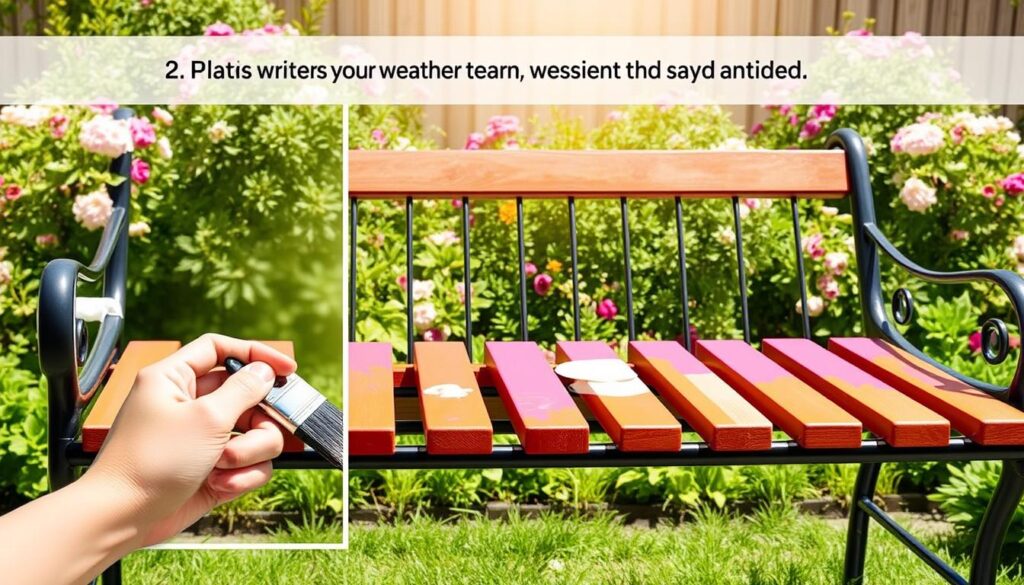 A step-by-step illustration of painting a wooden and metal garden bench. In the foreground, a close-up of a hand holding a paintbrush, expertly applying a coat of vibrant weather-resistant paint onto the bench’s slats. The middle section shows the entire bench, showcasing various stages of the painting process with areas of unpainted wood and completed sections, creating a sense of progress. In the background, a sunny garden scene filled with blooming flowers and lush greenery adds to the cheerful atmosphere. Soft, natural lighting highlights the textures of the paint and wood, while the angle suggests an inviting outdoor workspace, evoking a sense of creativity and care in maintaining outdoor furniture. A step-by-step illustration of painting a wooden and metal garden bench. In the foreground, a close-up of a hand holding a paintbrush, expertly applying a coat of vibrant weather-resistant paint onto the bench’s slats. The middle section shows the entire bench, showcasing various stages of the painting process with areas of unpainted wood and completed sections, creating a sense of progress. In the background, a sunny garden scene filled with blooming flowers and lush greenery adds to the cheerful atmosphere. Soft, natural lighting highlights the textures of the paint and wood, while the angle suggests an inviting outdoor workspace, evoking a sense of creativity and care in maintaining outdoor furniture.