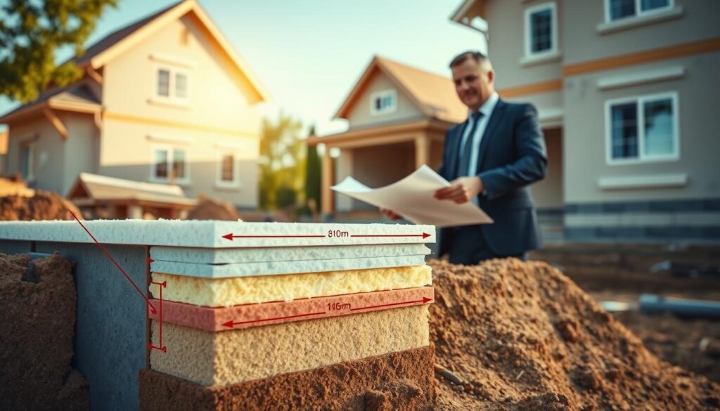 A technical illustration highlighting the selection of insulation thickness for building foundations. In the foreground, a detailed cross-section of a foundation, showcasing multiple layers of insulation material, specifically polystyrene foam, with annotations indicating thickness measurements. In the middle ground, a construction engineer, dressed in a professional business attire, examines the plans while pointing at the insulation layers, symbolizing expertise in building energy standards. The background features a residential construction site under natural daylight, illuminating the scene with a warm, inviting glow. The angle is slightly above eye level, capturing both the engineer and the detailed foundation work. The atmosphere is focused and informative, emphasizing the importance of proper insulation thickness in modern construction practices.