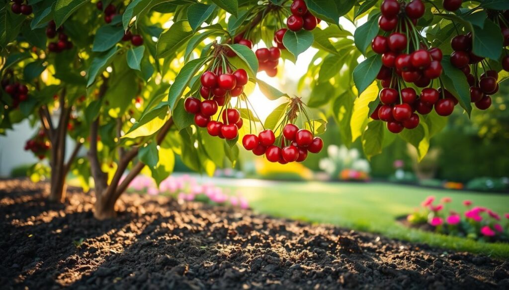 A vibrant cherry tree in a well-maintained home garden, with lush green leaves and clusters of ripe, glossy red cherries. In the foreground, a patch of rich, dark soil reflecting the depth needed for optimum cherry growth, emphasizing the health of the earth. The middle ground features the tree laden with fruit, its branches slightly bowed under the weight. In the background, a soft-focus view of a small, neatly trimmed lawn and colorful flowerbeds, basking in warm afternoon sunlight. The atmosphere is serene and inviting, highlighting the joy of gardening and the bounty of nature. Use a shallow depth of field to keep the focus on the cherries while softly blurring the background elements, evoking a peaceful summer day in the garden.