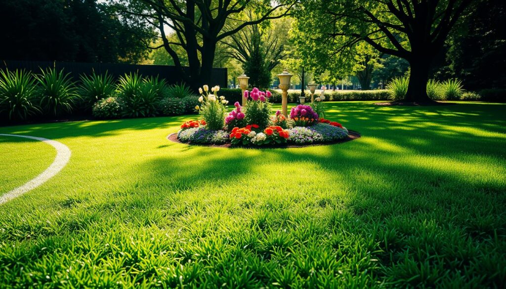 A vibrant comparison image showcasing three distinct types of grass: a lush sports turf, a well-kept ornamental lawn, and a shade-tolerant grass. In the foreground, feature the rich, dark green texture of the sports turf with subtle soccer markings. In the middle ground, display a manicured ornamental lawn with blooming flowers and garden features, radiating bright greens and floral colors. The background should illustrate a shaded area with the shade-resistant grass, dappled sunlight filtering through the branches of trees. The scene is bathed in soft daylight, with a warm, inviting atmosphere. Use a slightly elevated angle to capture the depth and contrast between the grasses, ensuring clarity in the visual distinction of textures and colors. A vibrant comparison image showcasing three distinct types of grass: a lush sports turf, a well-kept ornamental lawn, and a shade-tolerant grass. In the foreground, feature the rich, dark green texture of the sports turf with subtle soccer markings. In the middle ground, display a manicured ornamental lawn with blooming flowers and garden features, radiating bright greens and floral colors. The background should illustrate a shaded area with the shade-resistant grass, dappled sunlight filtering through the branches of trees. The scene is bathed in soft daylight, with a warm, inviting atmosphere. Use a slightly elevated angle to capture the depth and contrast between the grasses, ensuring clarity in the visual distinction of textures and colors.