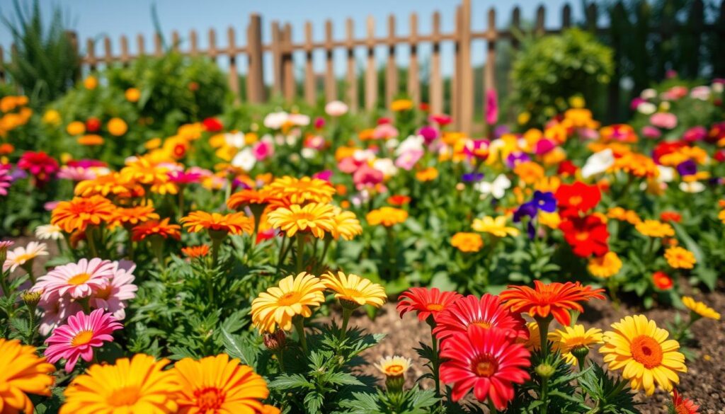 A vibrant flower bed filled with easy-to-grow annual flowers in a well-maintained garden. In the foreground, showcase colorful blooms such as marigolds, zinnias, and petunias, arranged in a visually appealing manner. The middle ground features lush green foliage and rich soil that complements the bright colors of the flowers, creating a sense of depth. In the background, include a softly blurred garden fence and a clear blue sky, hinting at a sunny day. Use warm, natural lighting to enhance the vibrant colors and create a cheerful atmosphere. Capture the scene from a slightly elevated angle to provide a comprehensive view of the flower bed, emphasizing its beauty and inviting charm.