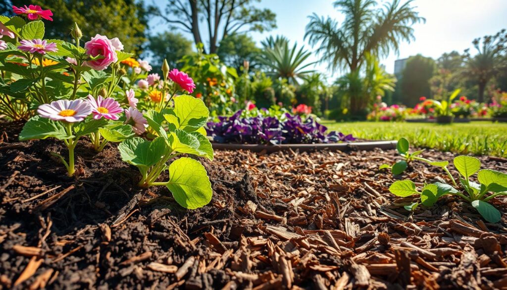 A vibrant garden scene showcasing the impact of bark mulch on soil and plants. In the foreground, a healthy array of flowering plants and leafy vegetables, their roots partially visible in rich, dark soil mixed with coarse bark mulch. The middle ground features a lush garden bed, with varying textures of mulched bark spread evenly around the base of plants, showing moisture retention and nutrient enrichment. In the background, a sunlit garden with greenery and colorful flowers under a clear blue sky, soft sunlight filtering through trees, creating warm, inviting shadows. The atmosphere is serene and nurturing, emphasizing the beneficial effects of bark mulch on garden ecology. Use a wide-angle lens to capture the lushness, enhancing colors and details.