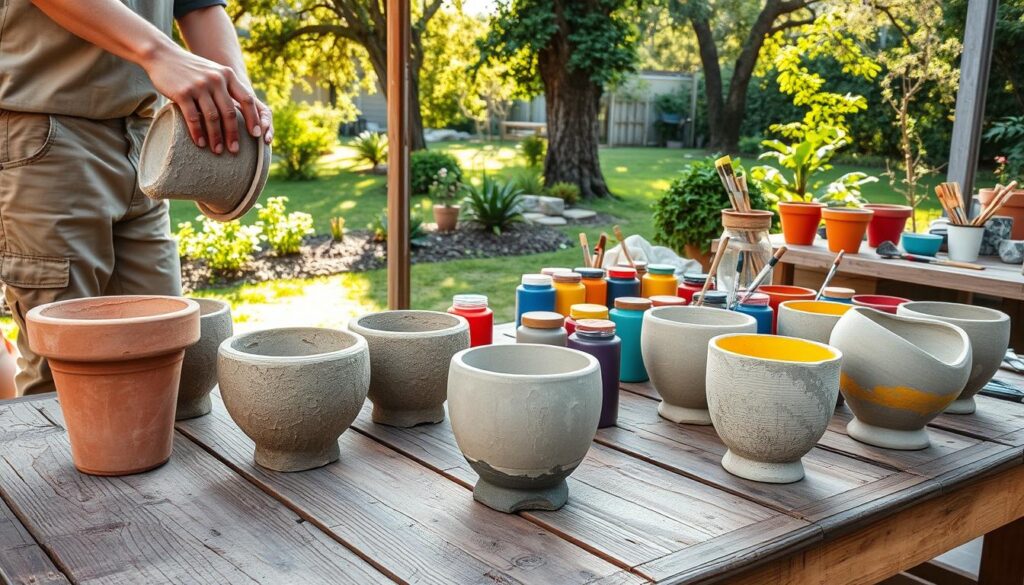 A vibrant outdoor workshop scene showcasing the process of drying and painting decorative concrete plant pots. In the foreground, several uniquely shaped concrete pots sit on a weathered wooden table, some still in their molds. A person in casual work clothing gently removes a mold from a pot, revealing a textured surface. In the middle, a variety of colorful paint jars, brushes, and tools are scattered around, with pots in different stages of painting; some are freshly painted in bright hues. In the background, a tranquil garden setting features lush greenery and sunlight filtering through trees, casting a warm glow on the scene. The overall mood is creative and lively, inspiring a sense of DIY achievement.