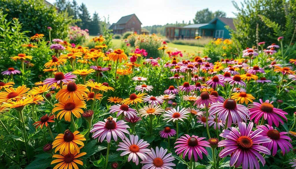 A vibrant summer flower bed filled with perennial flowers blooming in a stunning array of colors. In the foreground, showcase diverse blooms such as coneflowers, daylilies, and echinacea, each exhibiting bright yellows, pinks, and purples. The middle layer features lush green foliage that complements the colorful petals, with bees and butterflies gently interacting with the flowers. In the background, a soft-focus garden landscape with a clear blue sky and rays of sunshine streaming down, creating a warm and inviting atmosphere. The scene should evoke a sense of tranquility and joy, emphasizing nature's beauty during the summer months. Use a wide-angle lens to capture the fullness of the flower bed, ensuring excellent depth of field and vibrant, natural lighting.