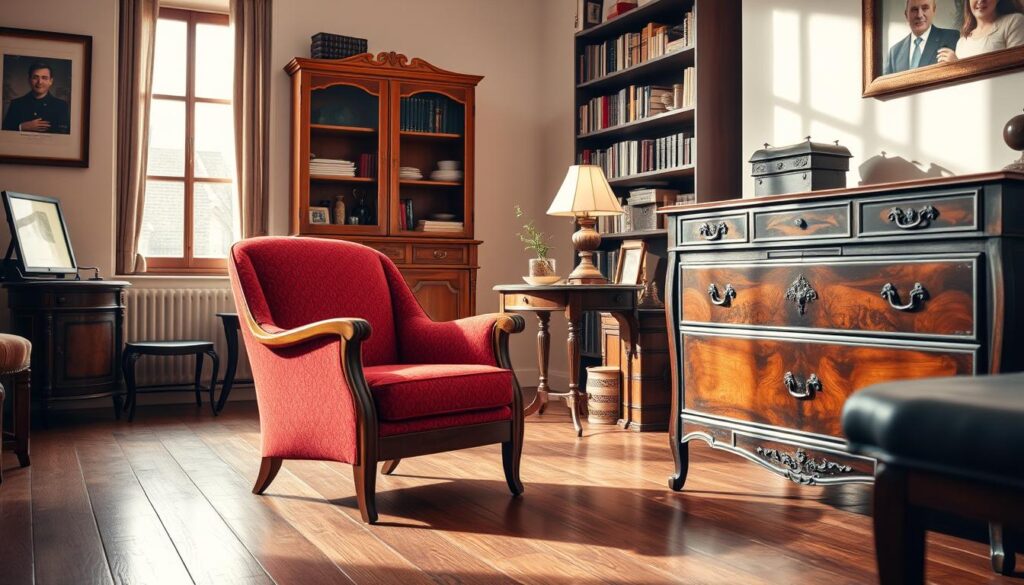 A well-lit interior showcasing a collection of vintage furniture pieces from the PRL period, emphasizing their distinctive design elements. In the foreground, a beautifully restored iconic armchair with curved lines, crafted from rich wood and vibrant fabric, sits elegantly on a polished wooden floor. Next to it, an antique dresser with intricate carvings and brass handles catches the soft, natural light streaming through a nearby window. The middle ground includes a cozy side table adorned with a vintage lamp and a small potted plant, creating an inviting atmosphere. In the background, a stylish bookshelf filled with books and decorative items complements the nostalgic vibe. The room features warm, earthy tones and soft shadows that enhance the sense of collected history and value, evoking a feeling of timelessness and appreciation for the artistry of old furniture. A well-lit interior showcasing a collection of vintage furniture pieces from the PRL period, emphasizing their distinctive design elements. In the foreground, a beautifully restored iconic armchair with curved lines, crafted from rich wood and vibrant fabric, sits elegantly on a polished wooden floor. Next to it, an antique dresser with intricate carvings and brass handles catches the soft, natural light streaming through a nearby window. The middle ground includes a cozy side table adorned with a vintage lamp and a small potted plant, creating an inviting atmosphere. In the background, a stylish bookshelf filled with books and decorative items complements the nostalgic vibe. The room features warm, earthy tones and soft shadows that enhance the sense of collected history and value, evoking a feeling of timelessness and appreciation for the artistry of old furniture.