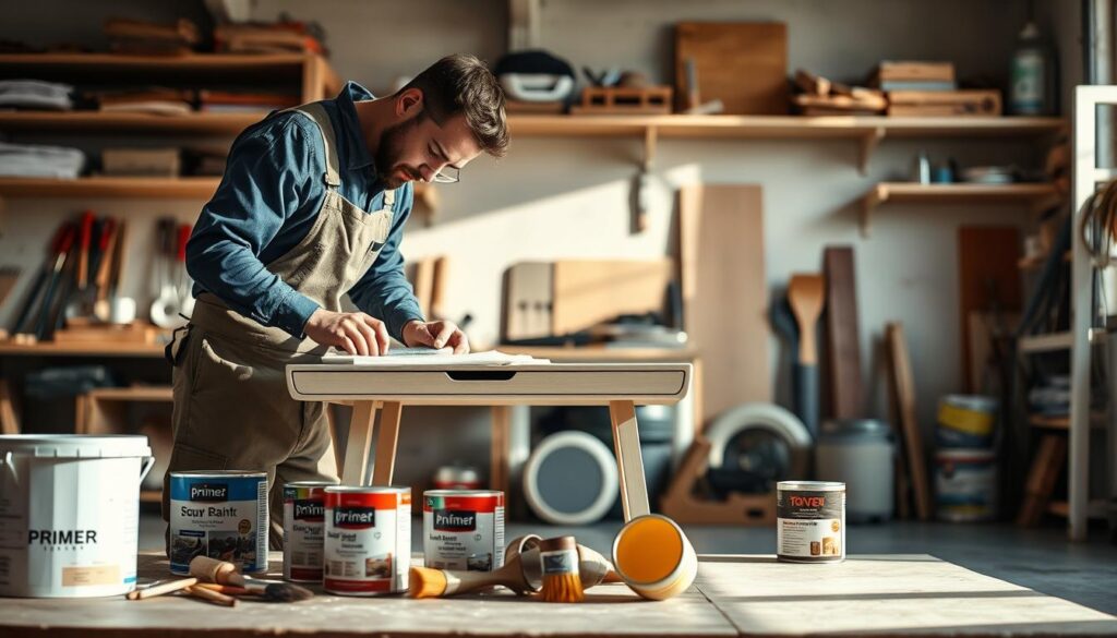 A well-lit workshop scene depicting the preparation of laminate furniture surfaces for painting. In the foreground, a skilled artisan wearing professional work attire is carefully sanding the surface of a stylish, minimalist side table. Various painting supplies, including brushes and paint, are neatly arranged nearby. In the middle ground, open cans of primer and paint display vibrant colors. The background features shelves lined with tools and paint cans, providing a sense of an organized workspace. Natural light streams in through a window, casting soft shadows that enhance the focused atmosphere. The overall mood is one of creativity and preparation, capturing the essence of transforming furniture through careful surface preparation. A well-lit workshop scene depicting the preparation of laminate furniture surfaces for painting. In the foreground, a skilled artisan wearing professional work attire is carefully sanding the surface of a stylish, minimalist side table. Various painting supplies, including brushes and paint, are neatly arranged nearby. In the middle ground, open cans of primer and paint display vibrant colors. The background features shelves lined with tools and paint cans, providing a sense of an organized workspace. Natural light streams in through a window, casting soft shadows that enhance the focused atmosphere. The overall mood is one of creativity and preparation, capturing the essence of transforming furniture through careful surface preparation.
