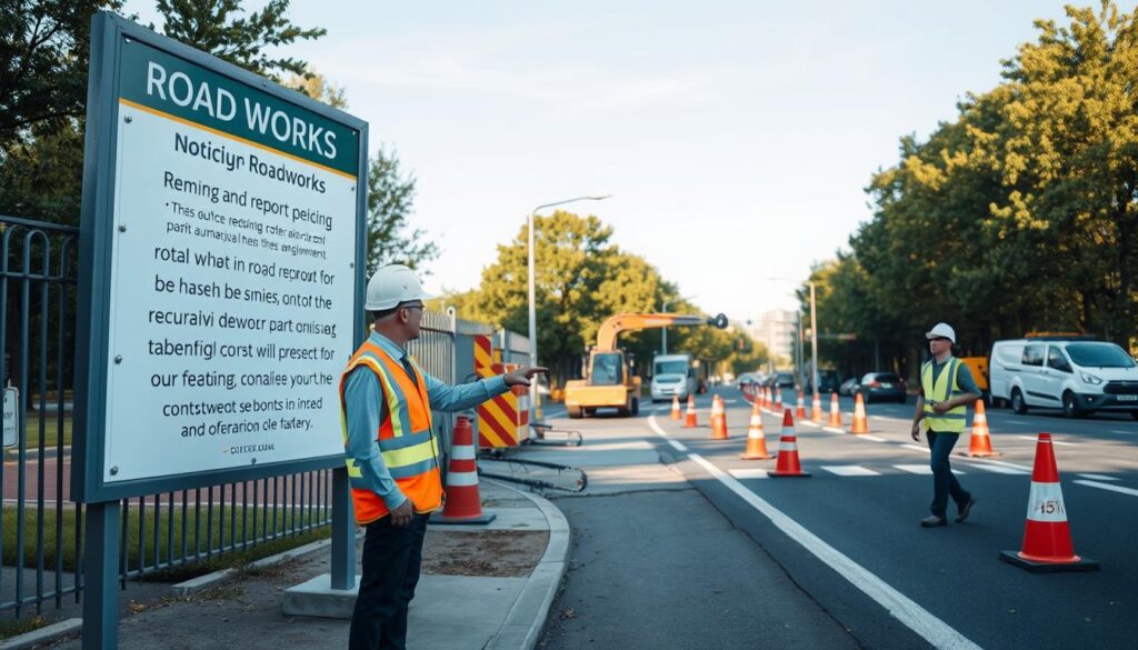 A well-organized construction site adjacent to a busy road, featuring a large notice board displaying a formal announcement of roadworks, including essential details about submitting a report to the authorities. In the foreground, a civil engineer in professional attire is discussing plans with a construction worker, pointing towards the road where machinery is parked. The middle ground showcases construction equipment and traffic cones ensuring safety. The background includes a clear blue sky and green trees lining the road. Soft afternoon sunlight bathes the scene, creating a professional, yet dynamic atmosphere, highlighting the importance of urban development and official procedures.
