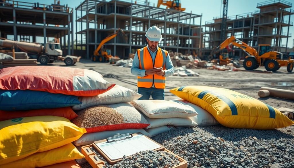 A well-organized construction site with various construction materials laid out neatly, showcasing the planning phase for purchasing concrete mix components. In the foreground, a detailed arrangement of bags of cement, aggregates, and gravel in vibrant colors, alongside a clipboard with a calculator and measurement tools, emphasizing the analysis of quantities needed. The middle ground features a professional wearing a hard hat and safety vest, examining the materials closely, representing careful decision-making. In the background, various construction machinery and a partially built structure surround the site, bathed in natural sunlight, creating a productive and focused atmosphere. The image captures a sense of professionalism and meticulous planning essential for concrete mix preparation.