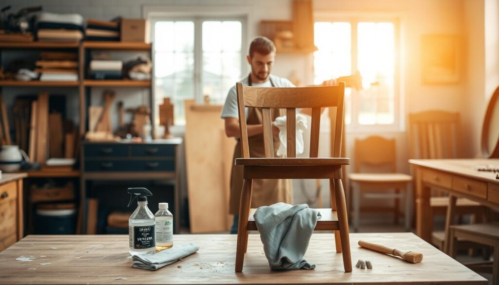 A well-organized workshop scene focused on furniture preparation for degreasing. In the foreground, a wooden chair is placed on a workbench, ready for treatment, along with degreasing supplies like a bottle of cleaner, a cloth, and a scrub brush. In the middle ground, a professional wearing an apron is gently cleaning the chair, showcasing attention to detail. The background features shelves filled with tools and other furniture pieces, all bathed in warm, natural light streaming through a window, creating a calm and inviting atmosphere. The composition conveys a sense of readiness and craftsmanship, emphasizing the importance of thorough preparation before painting.