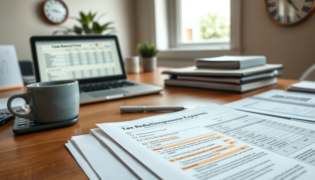 A well-organized workspace featuring a wooden desk with neatly stacked papers and documents related to tax deductions for expenses. In the foreground, a close-up of a detailed tax form with highlighted sections and a calculator. In the middle ground, a cup of coffee rests next to a laptop displaying a spreadsheet of home renovation expenses. Background elements include a window with soft natural light pouring in, illuminating an indoor plant and a wall clock. The overall atmosphere should convey a sense of professionalism and focus, emphasizing the importance of proper documentation for tax purposes. The image should be bright and inviting, suitable for an article on tax deductions for home renovations.