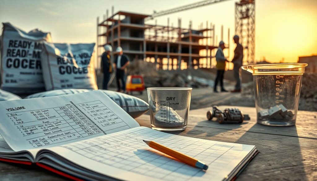 A well-organized workspace featuring construction materials for calculating the volume of a concrete mix. In the foreground, a large, open notebook with detailed calculations and a pencil lying beside it. The middle ground showcases several bags of ready-mix concrete with their weights labeled, alongside a measuring container for dry mixture. In the background, an unfinished construction site with workers in professional attire discussing their plans, with the evening sun casting a warm glow over the scene. Soft shadows enhance the depth, while a shallow depth of field keeps the focus on the calculation process. The overall mood is practical and insightful, emphasizing the importance of precise measurement in construction.